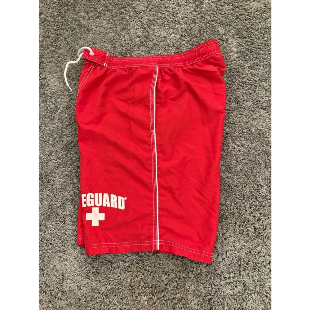 Lifeguard Mens Red Swim Trunks Board Shorts Cargo Pocket Mesh Lining Small
